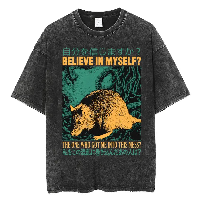 The Horrors Are Never Ending Yet I Remain Silly T-shirt Funny Japanese Style Frog Retro Washed T Shirt Men's Oversized Tees Tops
