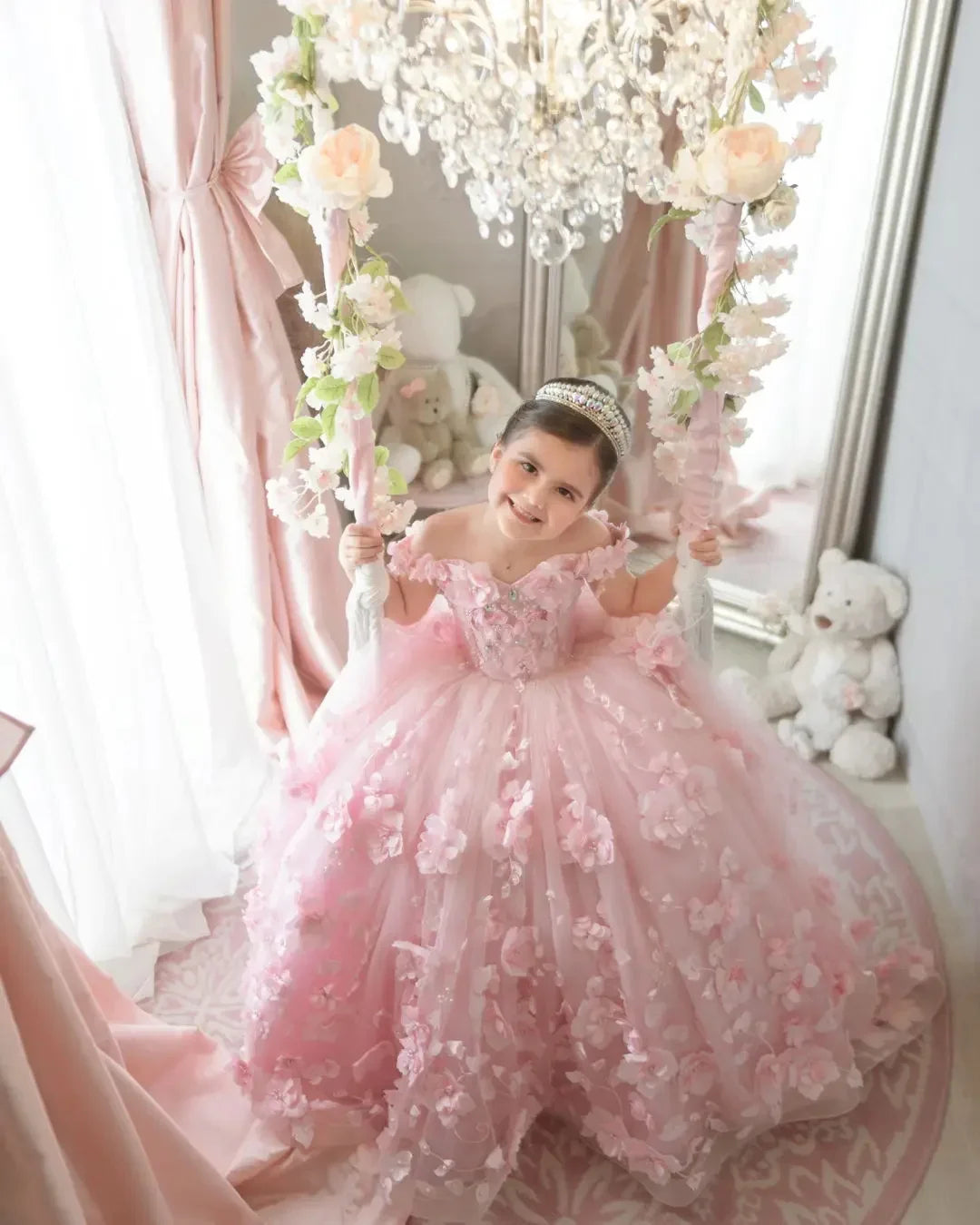 Pink 3d Applique Flower Girl Dress For Wedding Off Shoulder Luxurious Pearls Tulle Child First Eucharistic Birthday Party Dress
