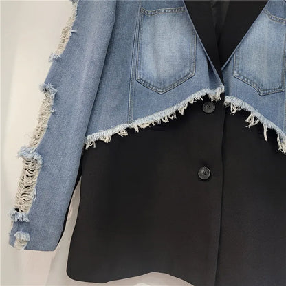2026 Autumn Elegant Style Faux Two-piece Suit Jacket For Women Raw Edges Ripped Denim Patchwork Loose-fit Blazer 29A9124