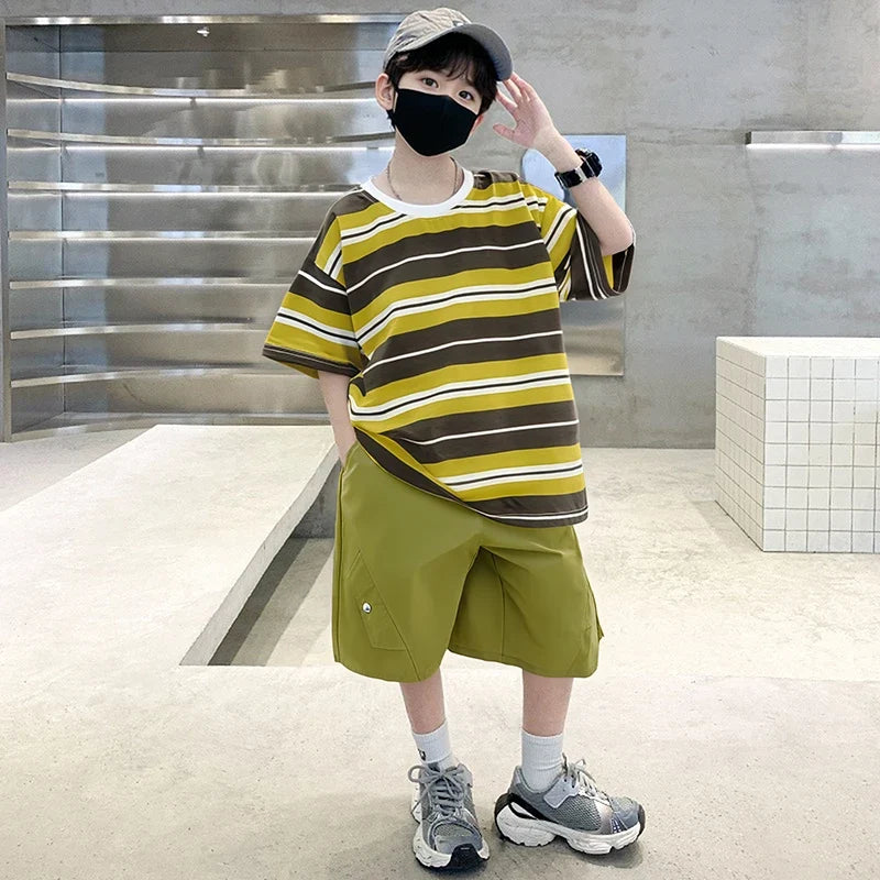 Elegant Children Summer Suit Outfit for Boy Striped Top and Bottom Set Kids Teenagers Cotton T-shirt Shorts 2 Pieces Clothes Set