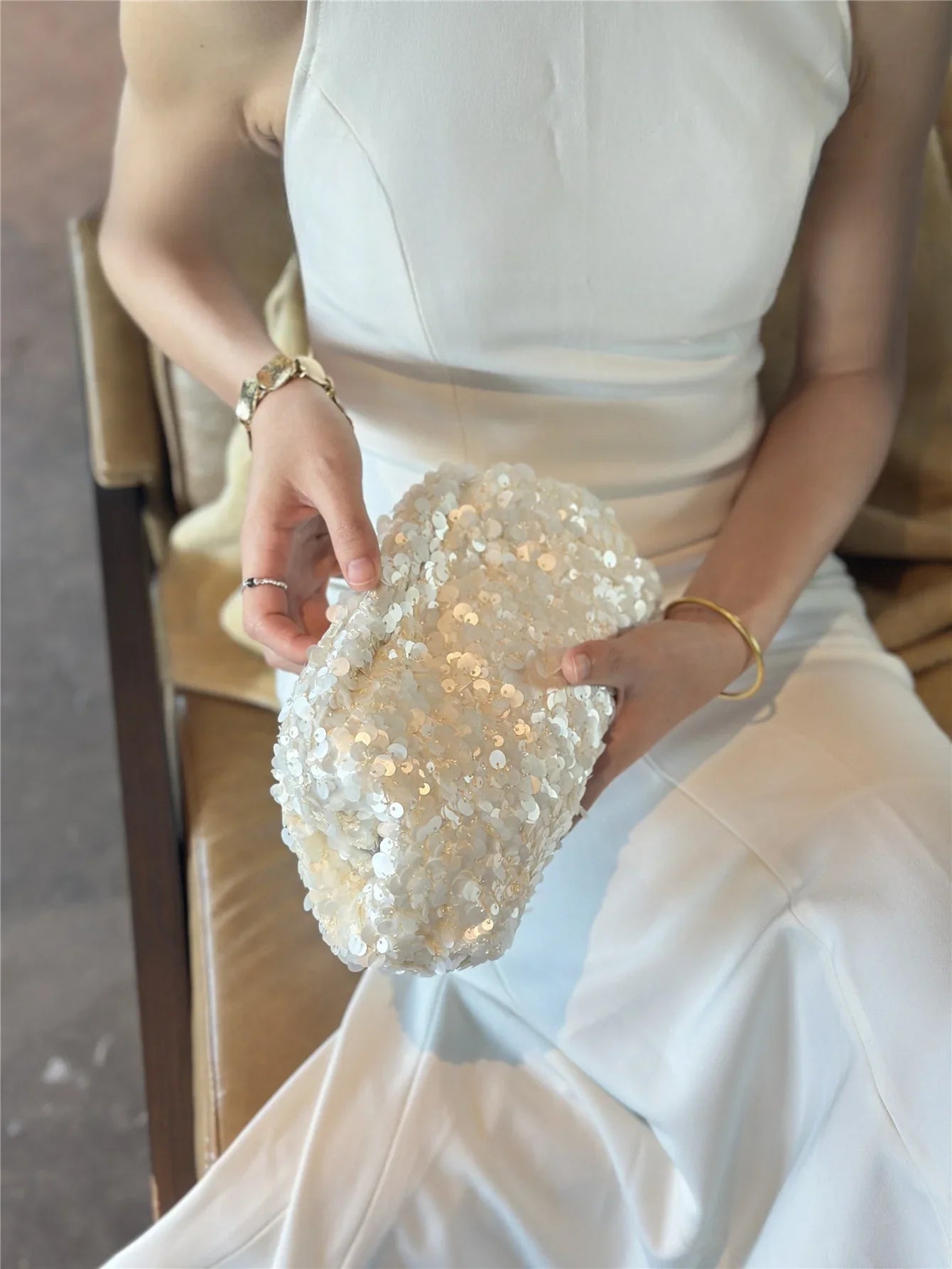 White Sequined Clutch Bag Versatile Beaded Chain Shoulder Bag Fashion High-end Bridal Party Handbag Trendy Clip Bag Evening Bag