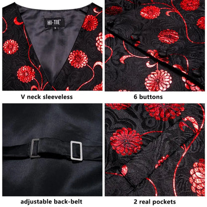 Hi-Tie Black Red Floral Mens Vest Tie Set Jacquard Waistcoat Sleeveless Jacket Necktie Hanky Cufflinks Wedding Business XXL