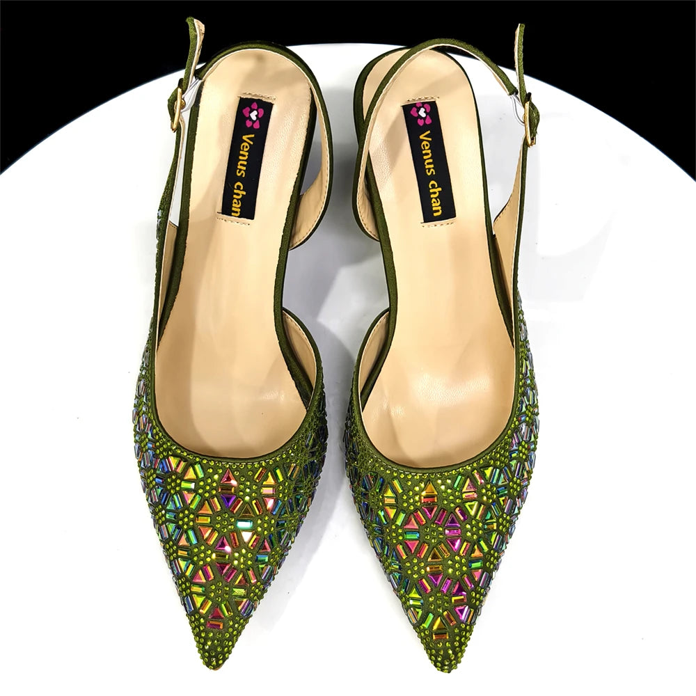 2026 New Elegant Green Pointed-Toe High Heels & Matching Bag Set with Diamond Design for Women's Party Wear - Italian Trend