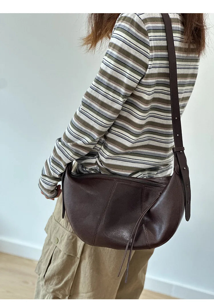 2026 New Genuine Leather Women's Bag Casual Solid Color Versatile Saddle Bag Soft Cowhide Shoulder Crossbody Bags