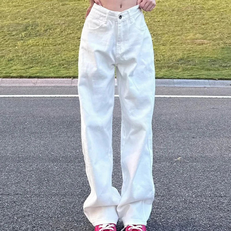 Woman High Waist Wide Leg Jeans Girls Casual Denim Straight Leg Pants Female White Black Blue Light Blue Beige Loose Trousers