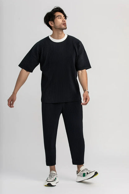 Miyake Shirt Thin Breathable Short Sleeve Round Neck T Shirt Summer Solid Sports Top Miyake Pleated Men