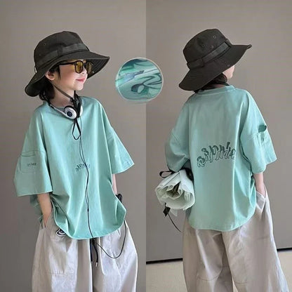 New Boys' Short Sleeve T-Shirt 100% Cotton Summer Loose Fit Kids Large Size Handsome Trendy Tops