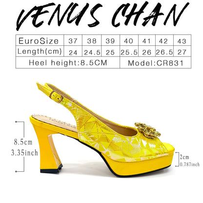 2025 Women's Elegant Yellow High Heel Shoe and Matching Bag Set with Rhinestone Accents – Stylish Square Toe Design for Parties