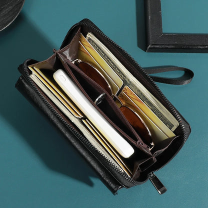 Classic Men's Double Layer Faux Leather Wallet with Snap Closure Zippered Card Holder And Photo Compartment Color Block Design