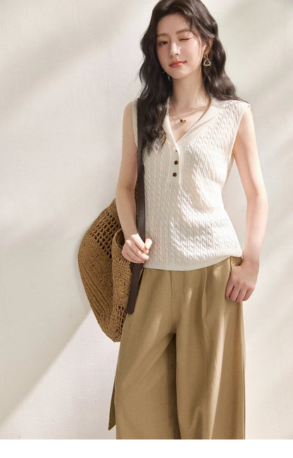 Women Cable Knit V-Neck Henley Tank Top Sleeveless Slim Knit Vest, Casual Basic Solid Tops for Spring Summer MXF25Z3115