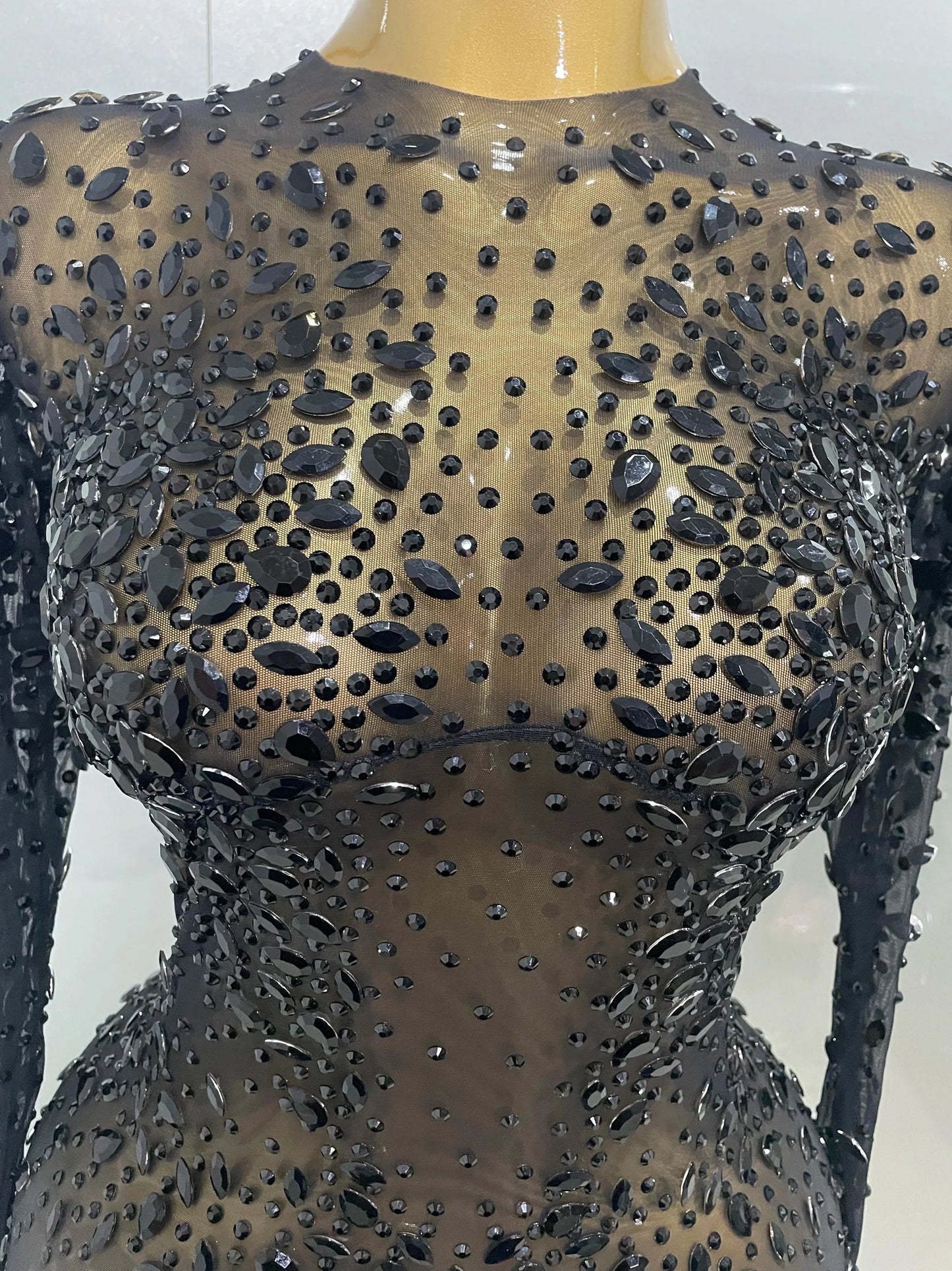 Sexy Shinny Rhinestone Stretch Mesh Transparent Long Dress 2025New Women Evening Birthday Party Prom Nightclub Singer Stage Wear