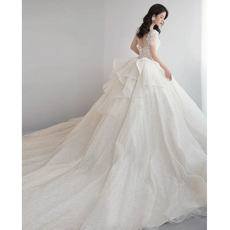 Luxury Short Sleeve Wedding Dress 2026 New Bridal Dress V Neck Beading Shinning Ball Gown Sweep Train Vestido  Noiva Customized