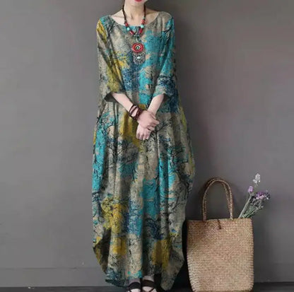 2022 New Loose Printed Cotton Linen Round Neck Long Sleeved Vintage Oversize Dress Women Boho Long Maxi Dress