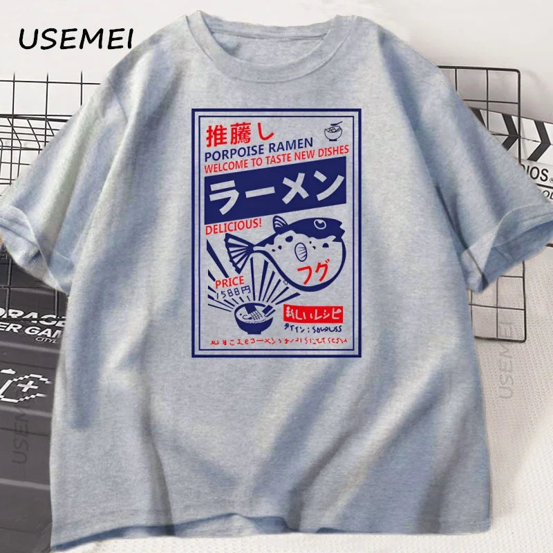 Vintage Fugu Puffer Fish Ramen T-Shirts Japanese Style Cotton Short Sleeve T Shirt Summer Crewneck Loose Tshirt Mens Clothing