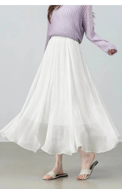 Women's Gray Elegant Skirt 2026 Summer Elastic Waist Sheen Flowy A Line Long Skirt for Woman Ladies Clothes 162QG4909