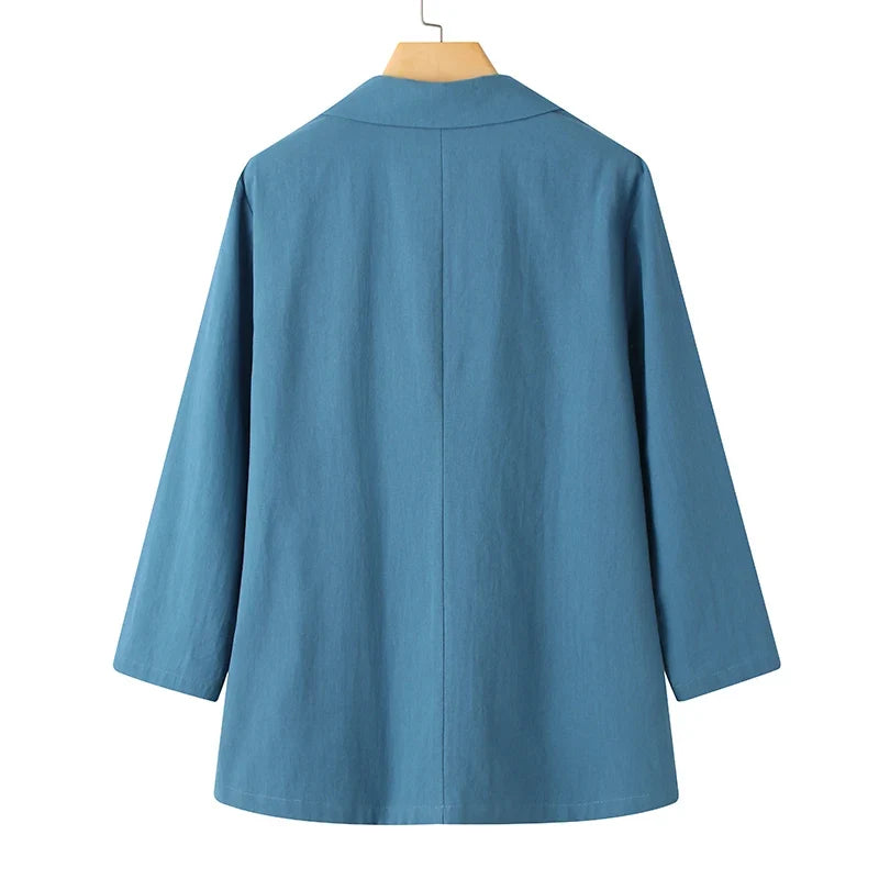Women Lapel Neck Long Sleeve Blazer Autumn Vintage Casual Solid Cotton Blazer Elegant Cardigan Thin Coats Work Suits