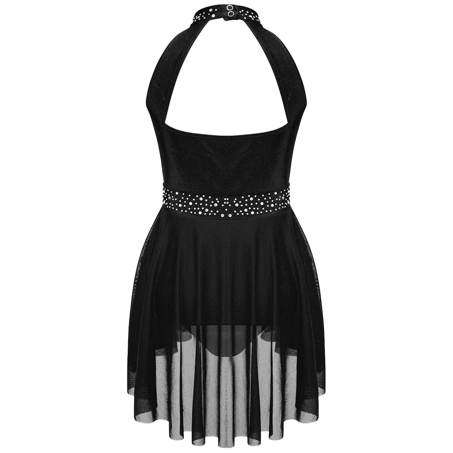 Kids Girls Gymnastics Figure Skating Ballet Lyrical Dance Costume Dress Side Split Sheer Mesh Ruched Glittery Rhinestones Dress