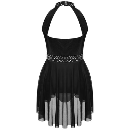 Kids Girls Gymnastics Figure Skating Ballet Lyrical Dance Costume Dress Side Split Sheer Mesh Ruched Glittery Rhinestones Dress