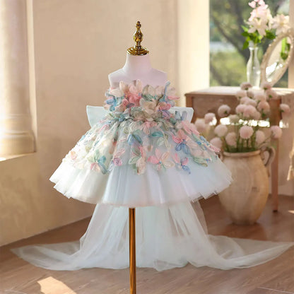 D113 Elegant Turquoise Flower Girl Dress Lace Knee Length Princess Children Wedding 1st Birthday Pageant Party Gown