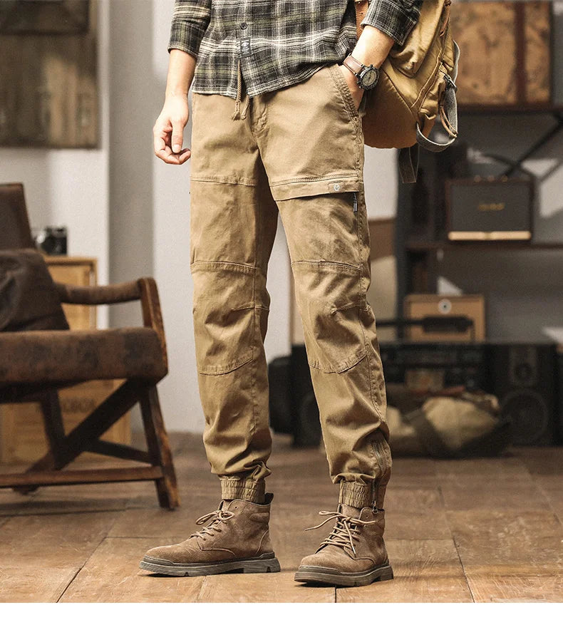 Cotton Men's Cargo Pants Elastic Waist Stretch Trouser Male Multi Pocket Casual Jogger Fit Ankle Length Zipper Purple Drawstring