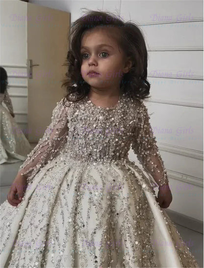 Gorgeous Pearl Sequins Quality Satin FLuffy Flower Girl Dress Exquisite Applique for Wedding Birthday Party Evening Ball Gowns
