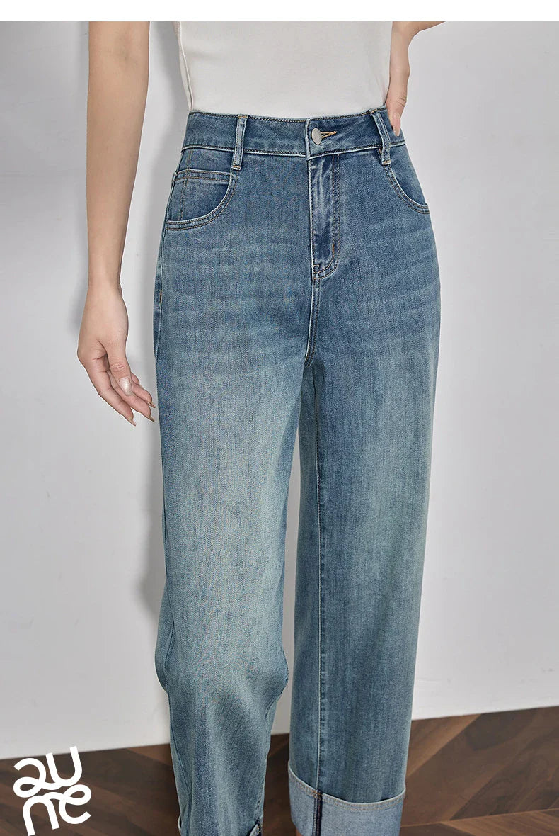 Women Denim Jeans 2025 Spring New Straight Wide Leg Rolling Up Ankle Length Cropped Pants