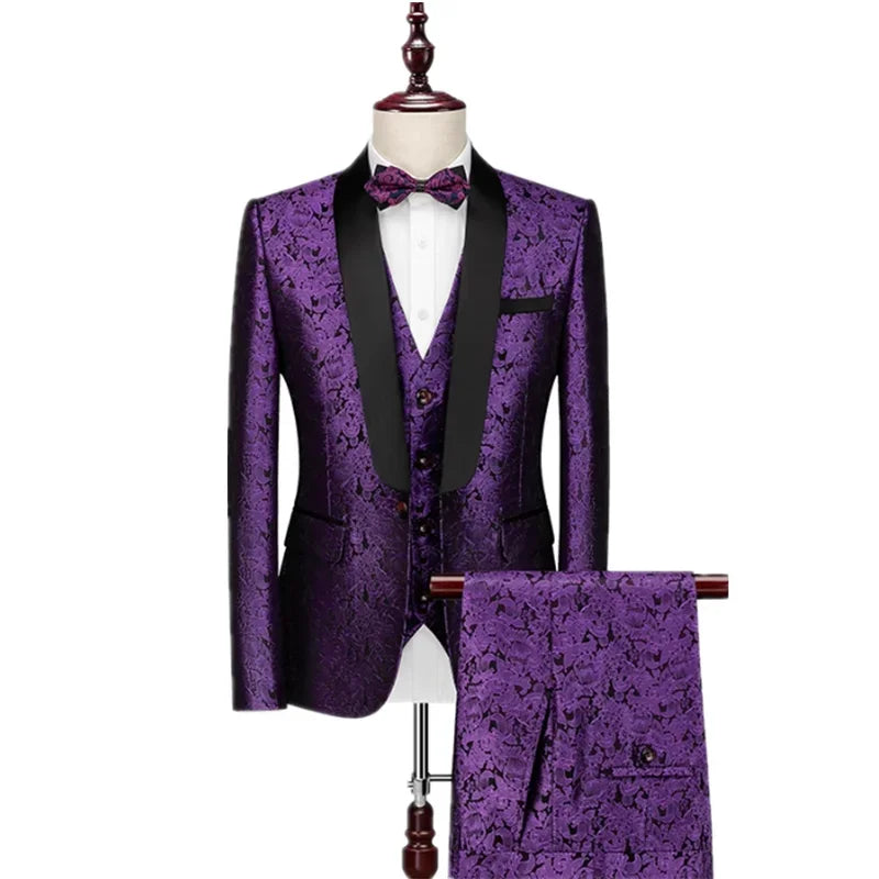 Red Men's Gentleman's Evening Tuxedo 3-Piece Suit, Suit and Vest plus Trousers, Purple, Blue, Silver Available, Asian Size M-6XL