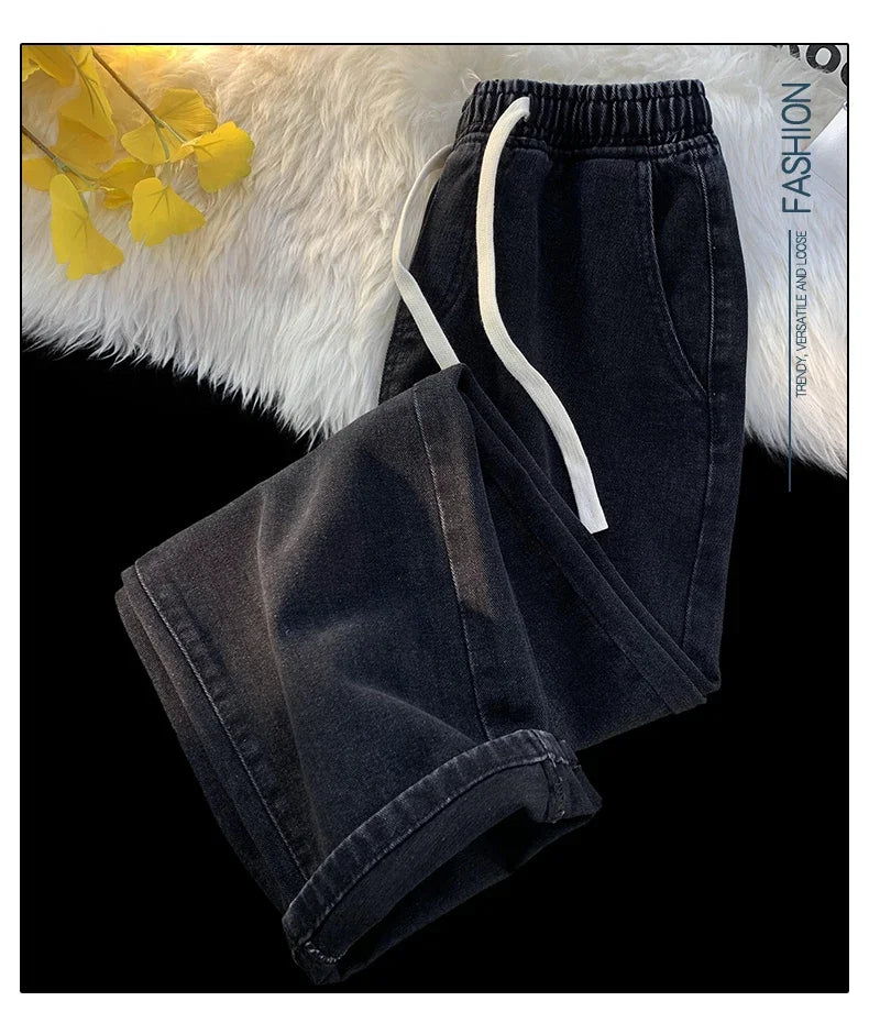 Casual Jeans Men's Baggy Straight Elastic Waist Drawstring Korea Fashion Male Vintage Denim Trousers Streetwear 3XL