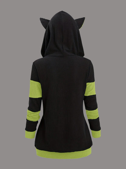 2024 European and American fashion women's new thick cat ears in autumn and winter long color matching hooded sweater coat