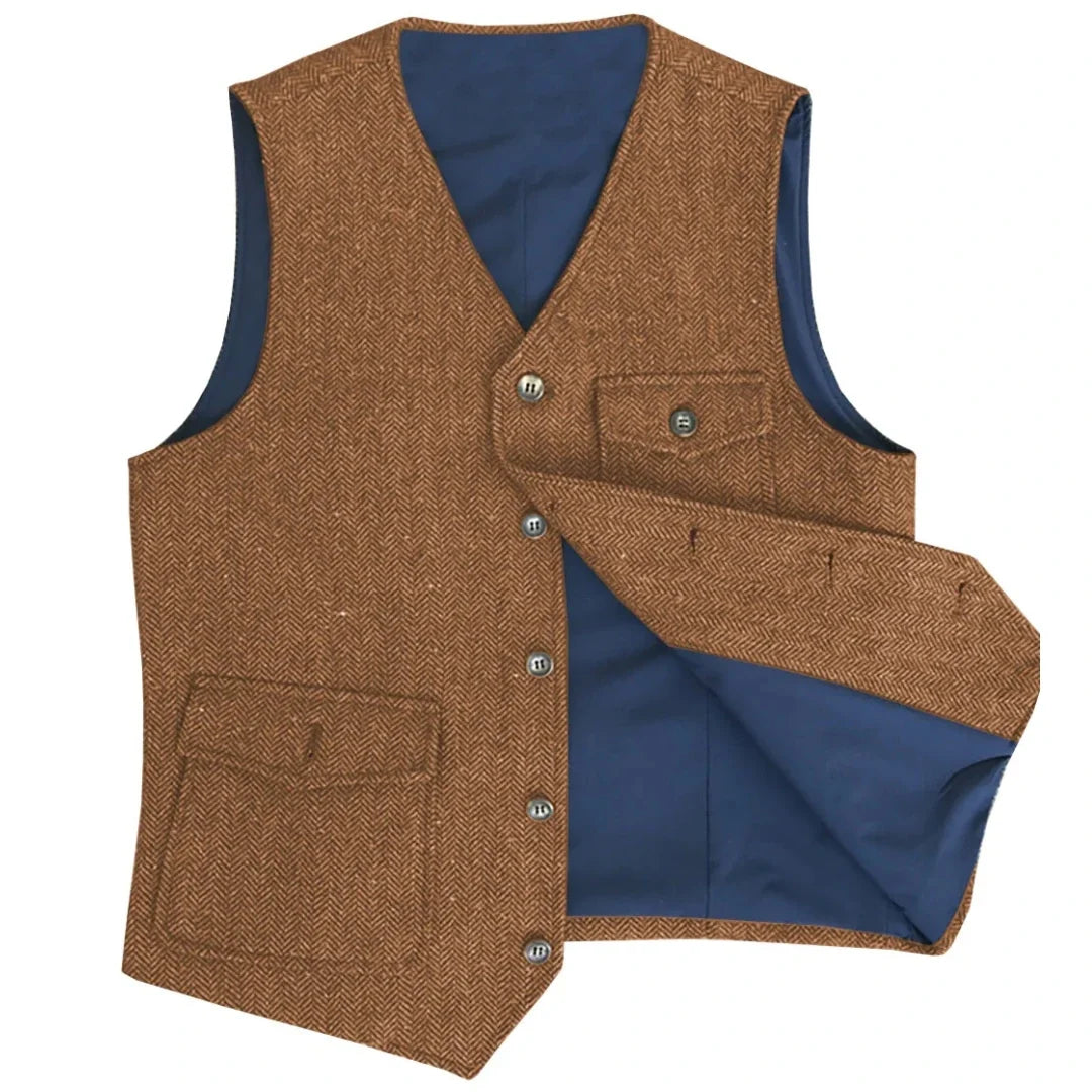 Men Vest Dark Green Herringbone Single Button V Neck Pocket Waistcoat For Wedding Party Business Work Daily Casual Men Suit Vest