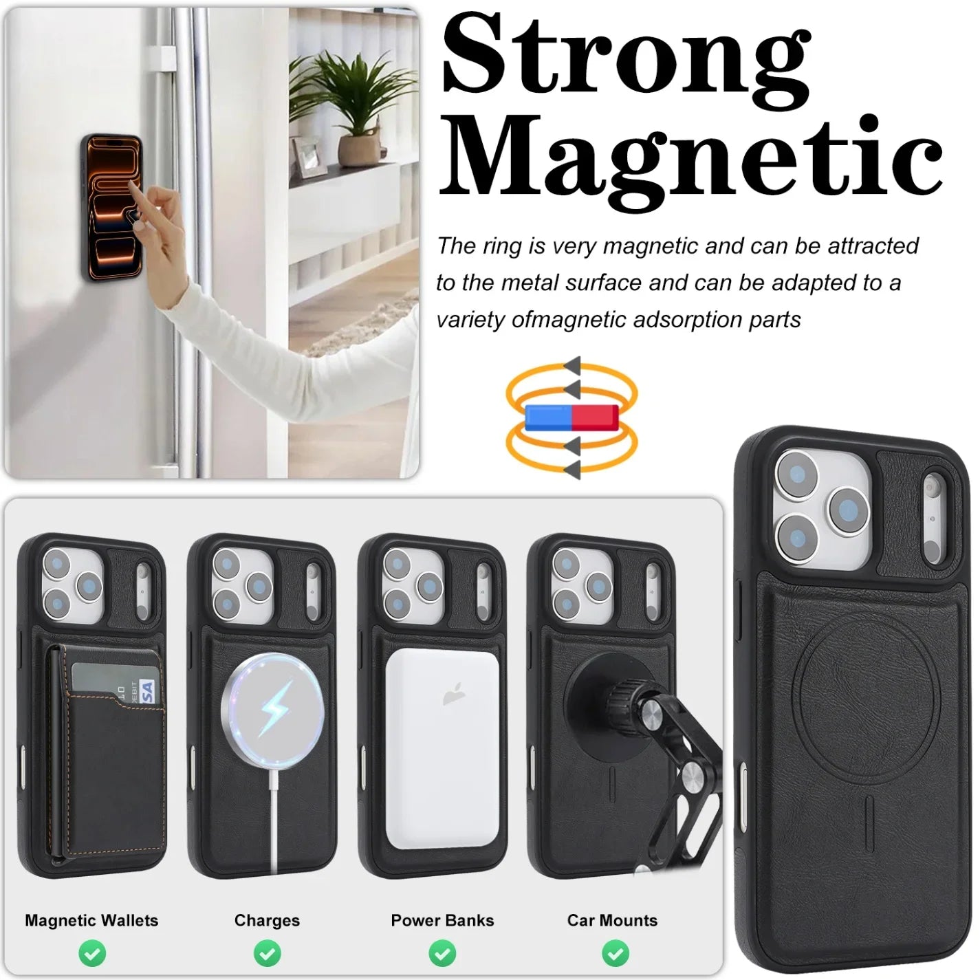 Magnetic Wallet Phone Case for iPhone 13 14 15 16 17 Pro Max, Wireless Charging Foldable Stand, Card Holder Protective Cover