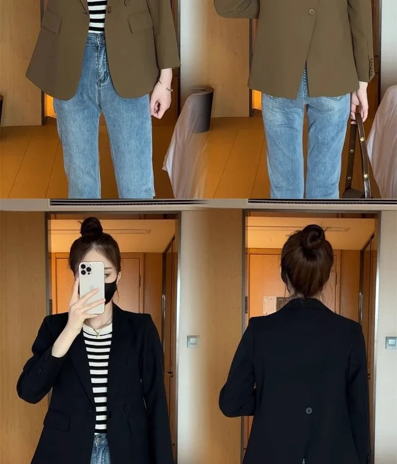 Suit Jacket Spring 2025 New Women Blazers Casual Notched Female Chic Coat Slim One Button Temperament Suit Coats Khaki Outwear