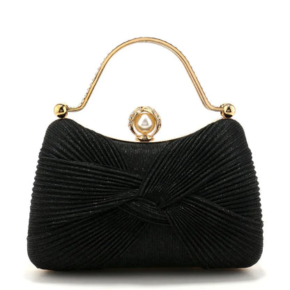 Bow Design Ruched Fashion Women Evening Bags Pink Color Sequined Glitter Metal Pearl Handbags Banquet Lady Wedding Bridal Purse