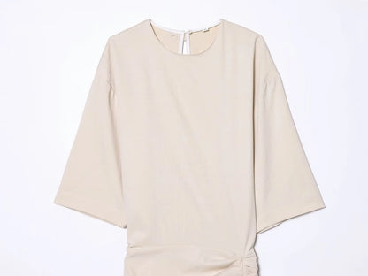 Women New Fashion Round Neck Pleated Short Sleeve Waist Dress Women Casual Sexy Side Zipper Button Solid Midi Summer Dress