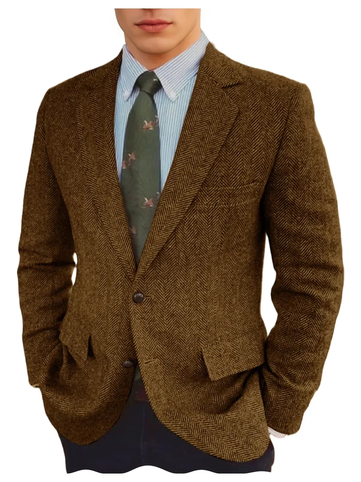 Men's Grey Herringbone Tweed Blazer Classic-Fit Notched Lapel Casual Jacket Slim Fit Business Wedding Suit Coat Plus Size