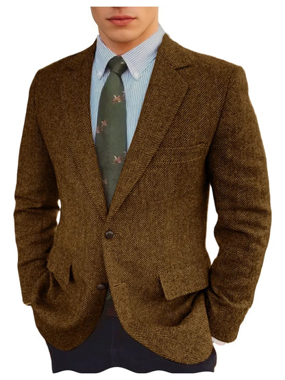 Men's Grey Herringbone Tweed Blazer Classic-Fit Notched Lapel Casual Jacket Slim Fit Business Wedding Suit Coat Plus Size