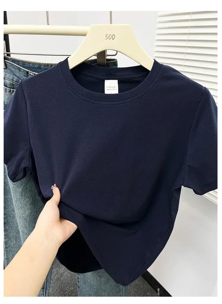 2026 Summer New High Quality Casual Plus Size T Shirt Sexy Short Sleeved Sleeves Fashion Trend Solid Women Clothing Y2k Tops