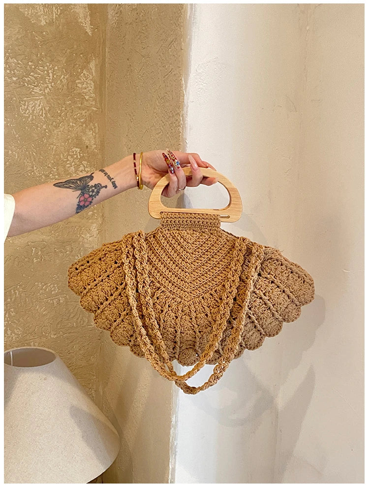 2026 New Retro Fan-shaped Crochet Woven Underarm Bag for Women Ins Style Seaside Vacation Versatile Wooden Handle Shoulder Bag