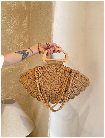 2026 New Retro Fan-shaped Crochet Woven Underarm Bag for Women Ins Style Seaside Vacation Versatile Wooden Handle Shoulder Bag