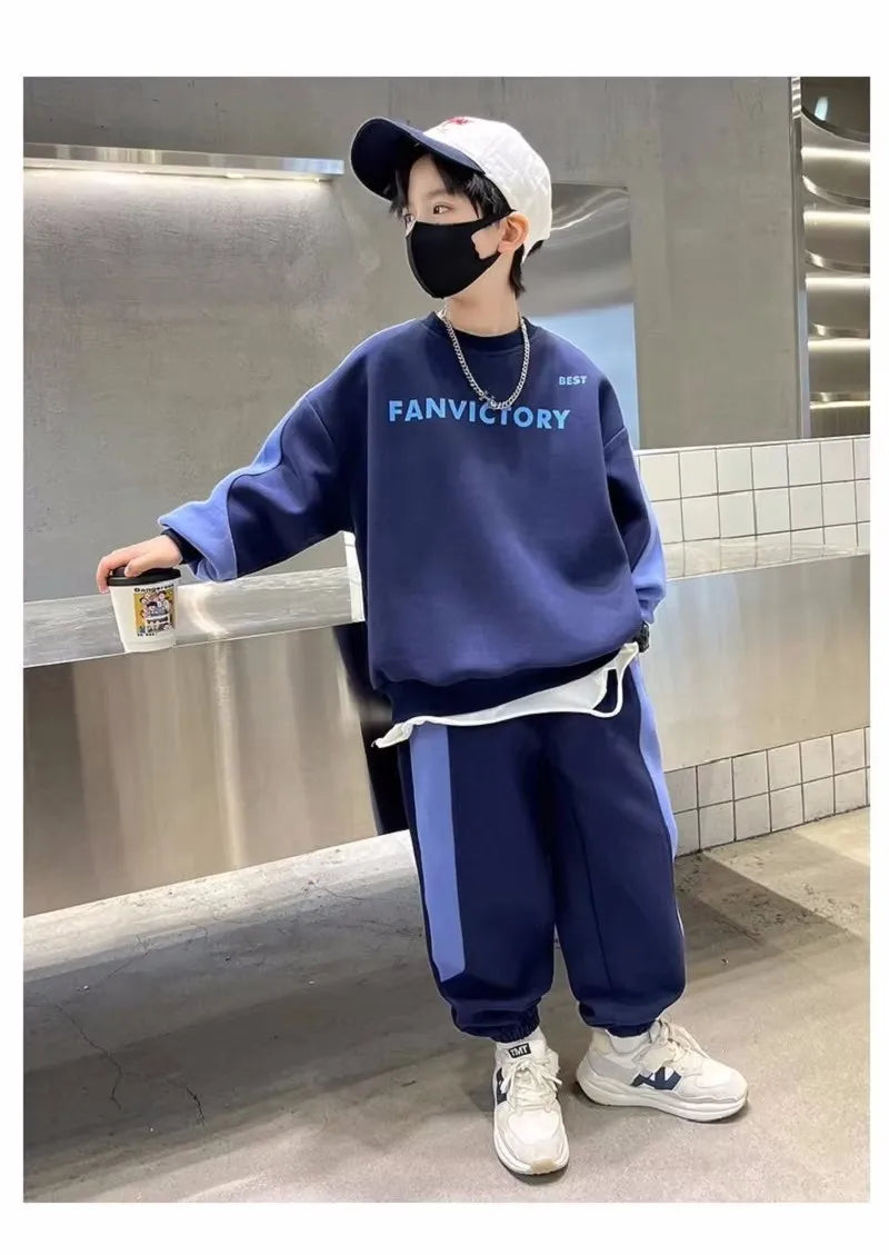 Spring Autumn Boys Cotton Alphabet Workout Sweatshirt+Sweatpant Sets School Kids 2PCS Tracksuit Children Jogger Outfits 7-16 Yrs