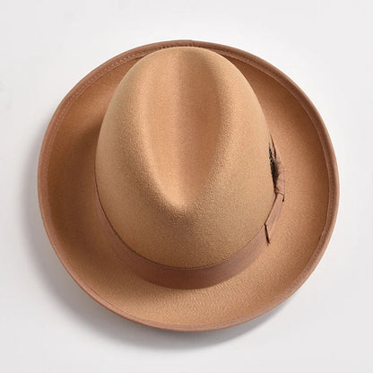 New British Style Wool Felt Fedora Hats for Men Roll Up Brim Homburg Gentleman Church Jazz Hat Party Dress Cap