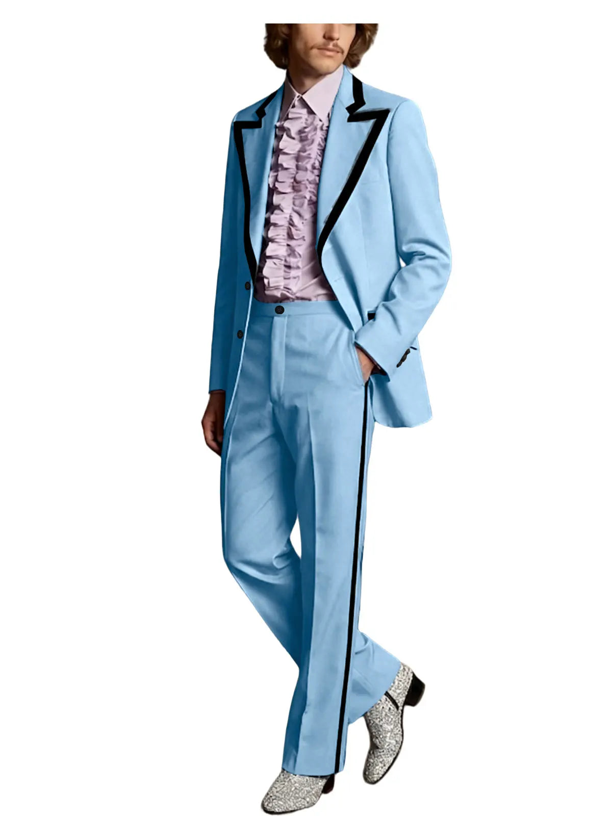 Men's Tuxedo Suit with Black Trim 2-Piece Slim Fit Blazer Pants Set Business Casual Jacket Straight Leg Trousers Formal Outfit