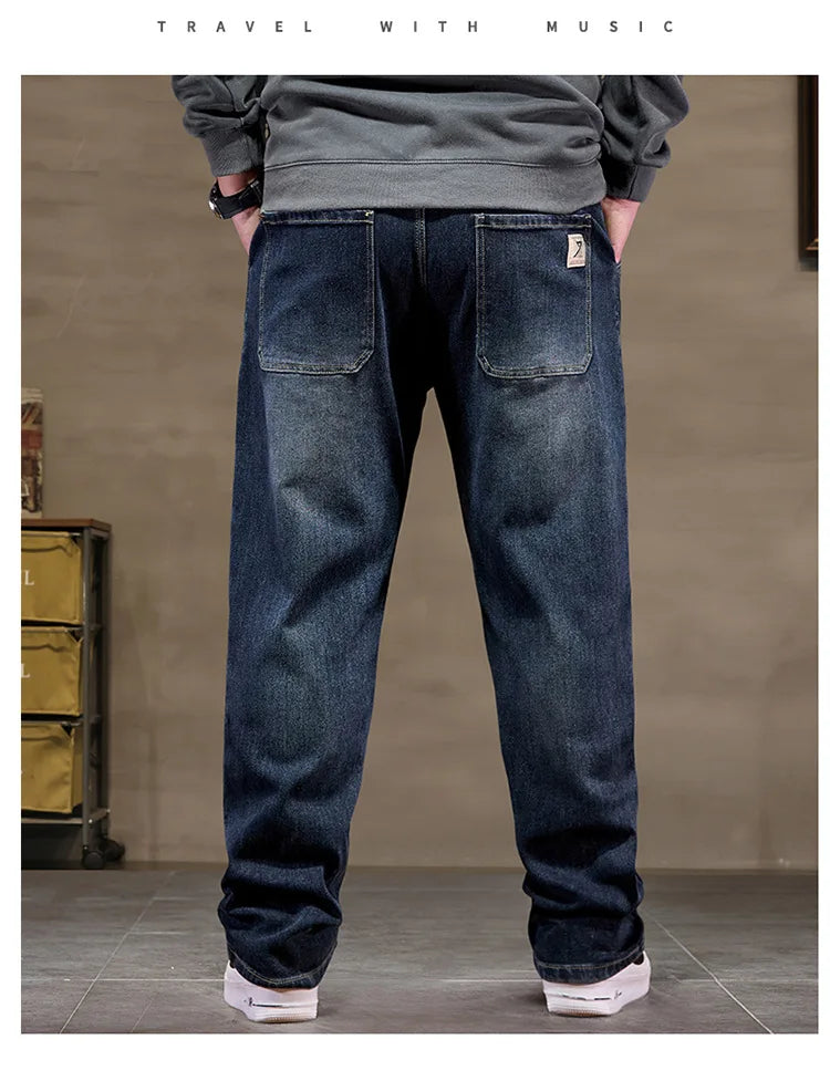 Extra Big Size Jeans Men High Elastic Waist Baggy Denim Pant Male Plus Large Loose Slim Fit Cowboy Trouser 8XL 6XL Classic Black