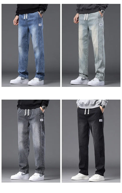 Autumn Winter Blue Jeans Men Drawstring Elastic Waist Cotton Cargo Denim Pants Work Fashion Thick Trousers Male Plus Size M-4XL