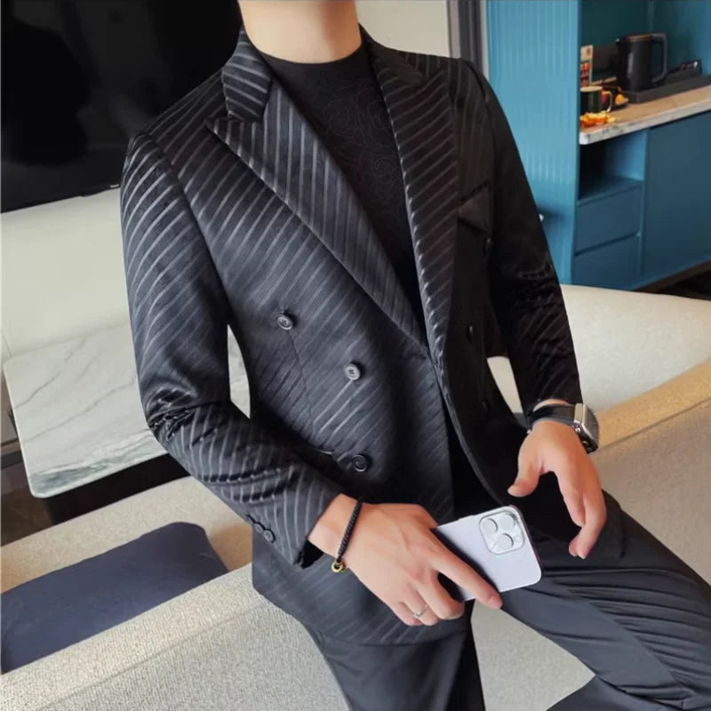 British Style Luxury Men Double Breasted Twill Suit Jacket High Quality Fashion Business Slim Fit Groom Social Party Suit Dress