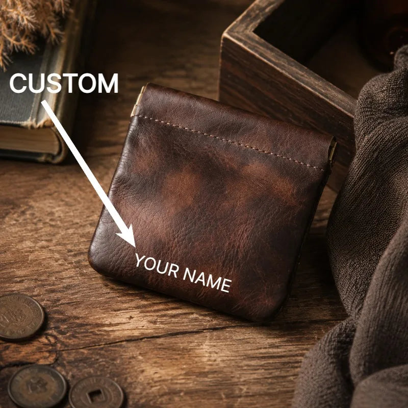 Full Grain Leather Vintage Organizer Bag Vegetable Tanned Cosmetic Pouch Magnetic Closure Coin Purse Custom Engraving