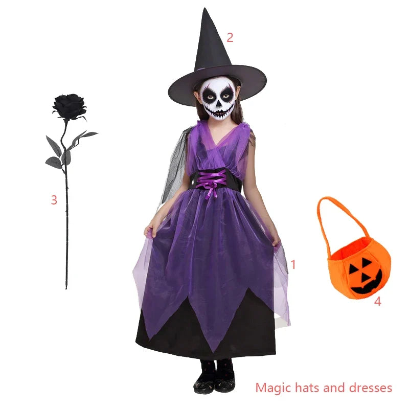 Kids Witch Halloween Costume Witch Cosplay Dress and Magic Hat Set Carnival Party Clothes for Girls Gothic Vampire Costume