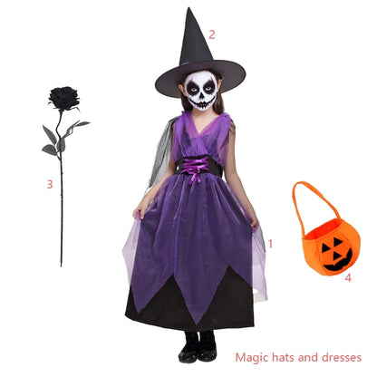 Kids Witch Halloween Costume Witch Cosplay Dress and Magic Hat Set Carnival Party Clothes for Girls Gothic Vampire Costume