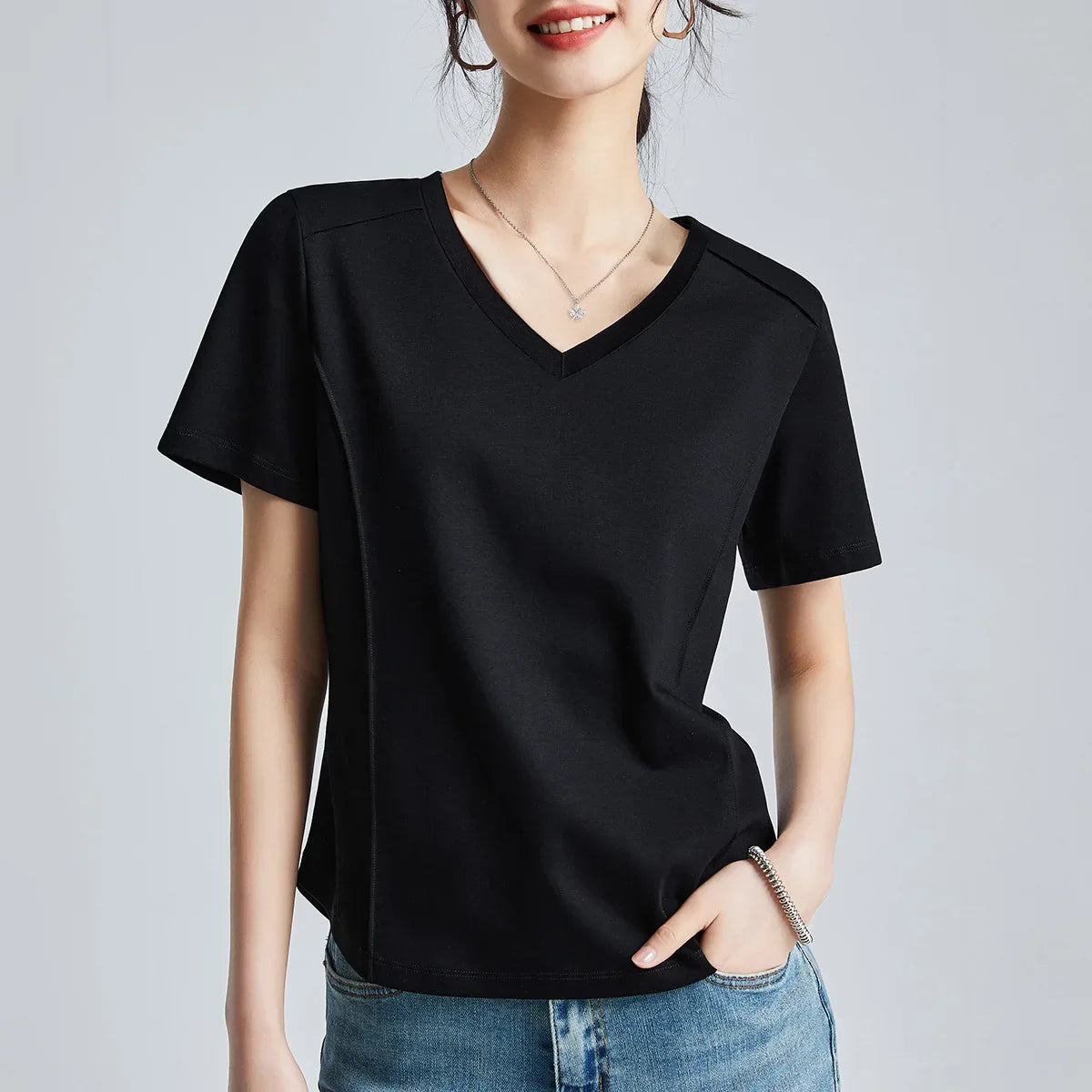 Summer Women's White Mercerized Cotton T-Shirt | 3D Stitching Round Neck Basic Top | Plus Size Slim Fit Layered Casual Blouse