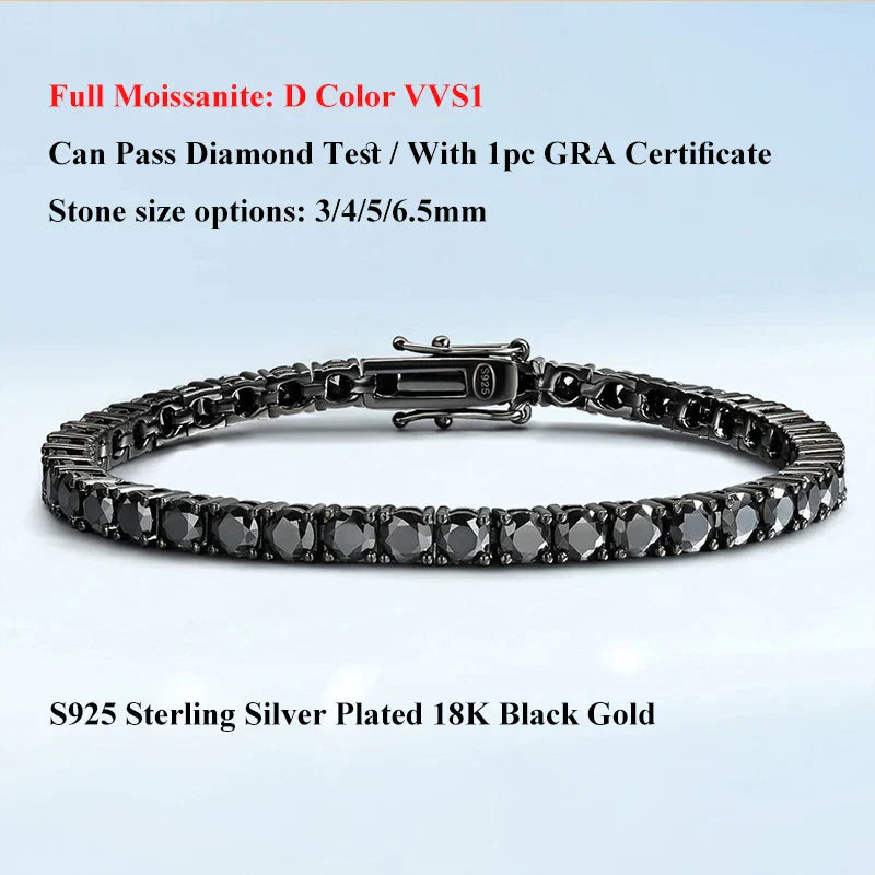 Full 3/4/5/6.5mm Black Moissanite Tennis Bracelet for Men Women Unisex 925 Silver Plated 18K Black Gold Hip Hop Bracelets